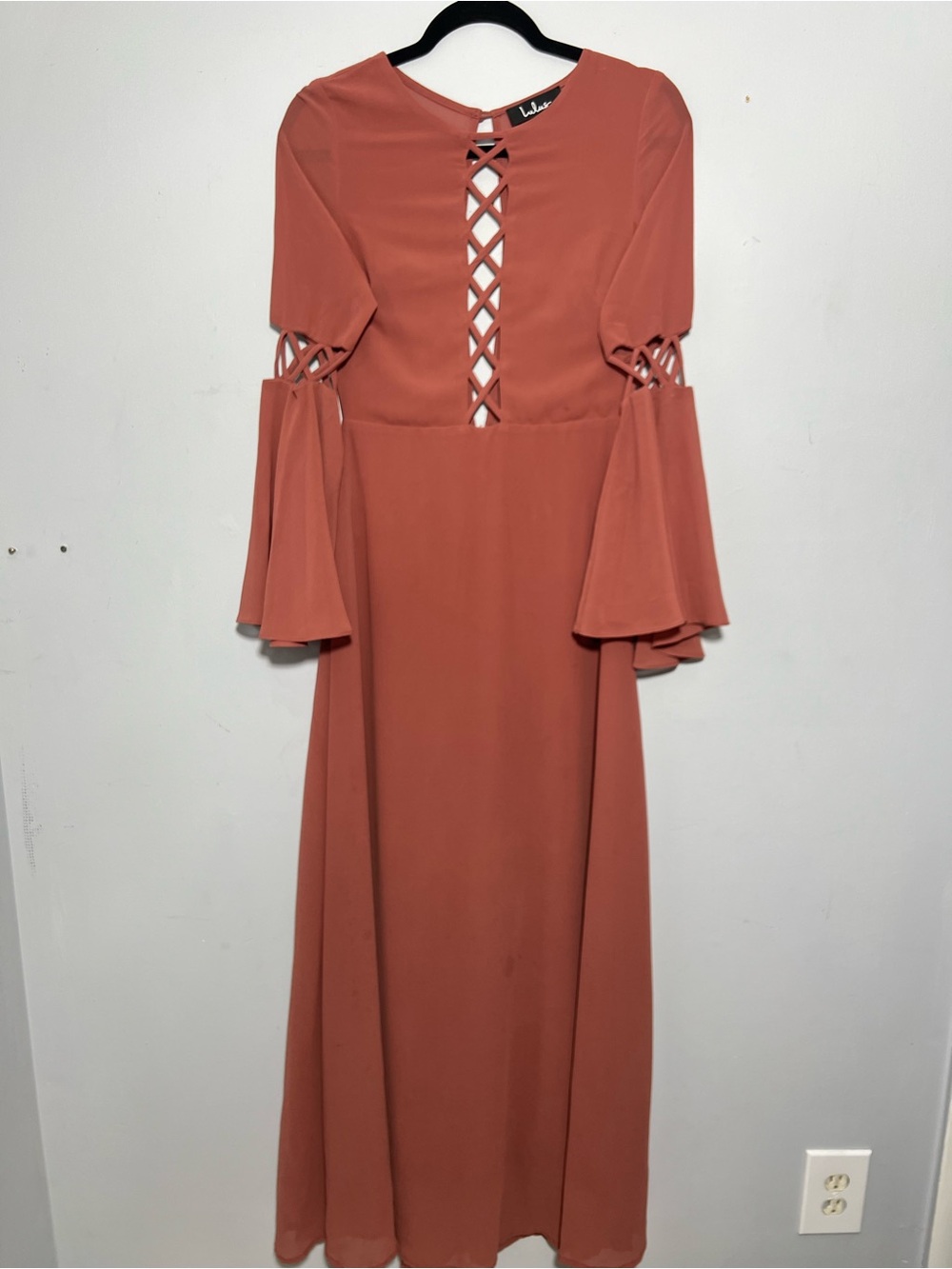 Lulu's Terracotta Lace-Up Bell Sleeve Maxi Dress